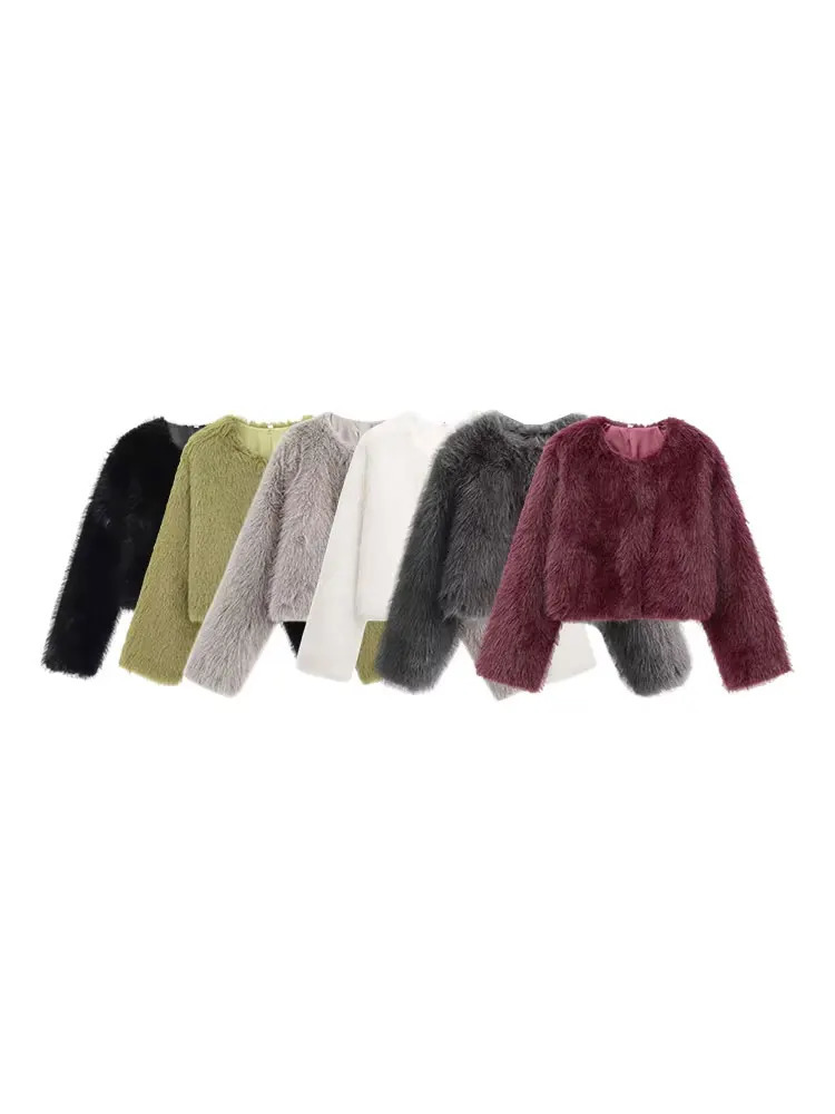 TRZA-Womens Thick Warm Faux Fur Cropped Jacket O Neck Long Sleeve Female Outerwear Chic Tops Fashion 250708