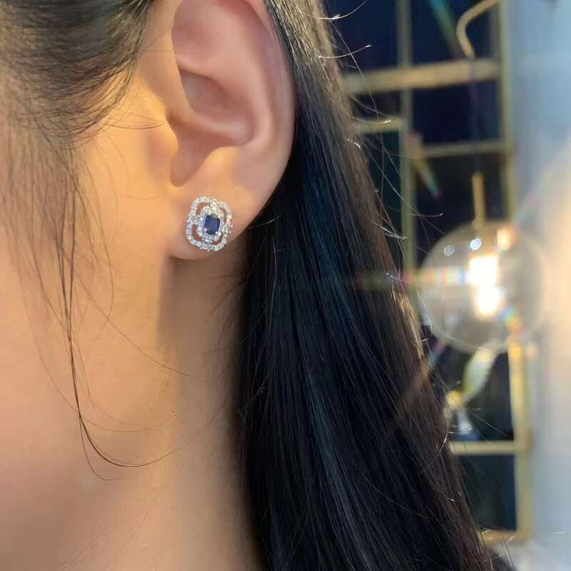 Trendy Geometric Shaped Silver Plated Earrings Wedding Hollow Design Blue Crystal Cubic Zirconia Stud Earrings for Women