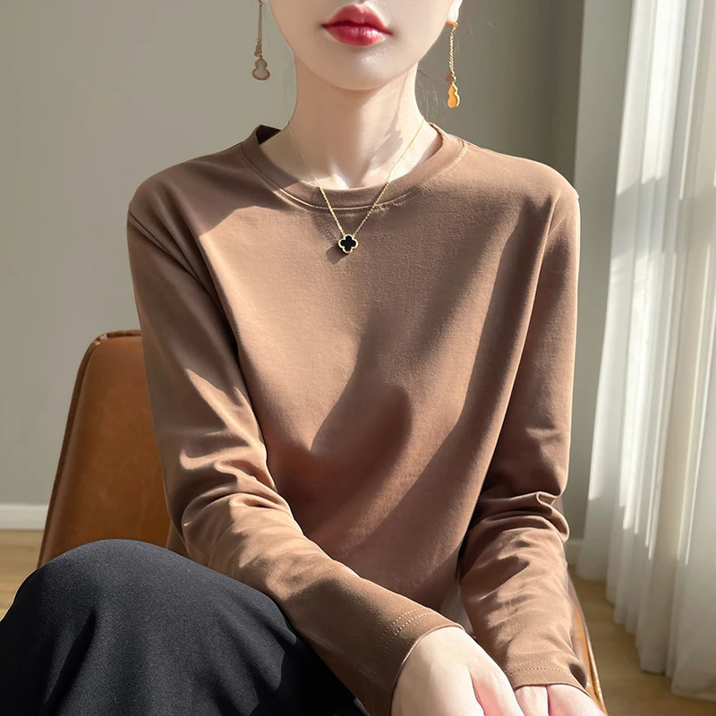 Spring Autumn 100% Cotton Long-Sleeved T-Shirt Womens Round Neck Mercerized Cotton Bottoming Shirt Loose Top 250707
