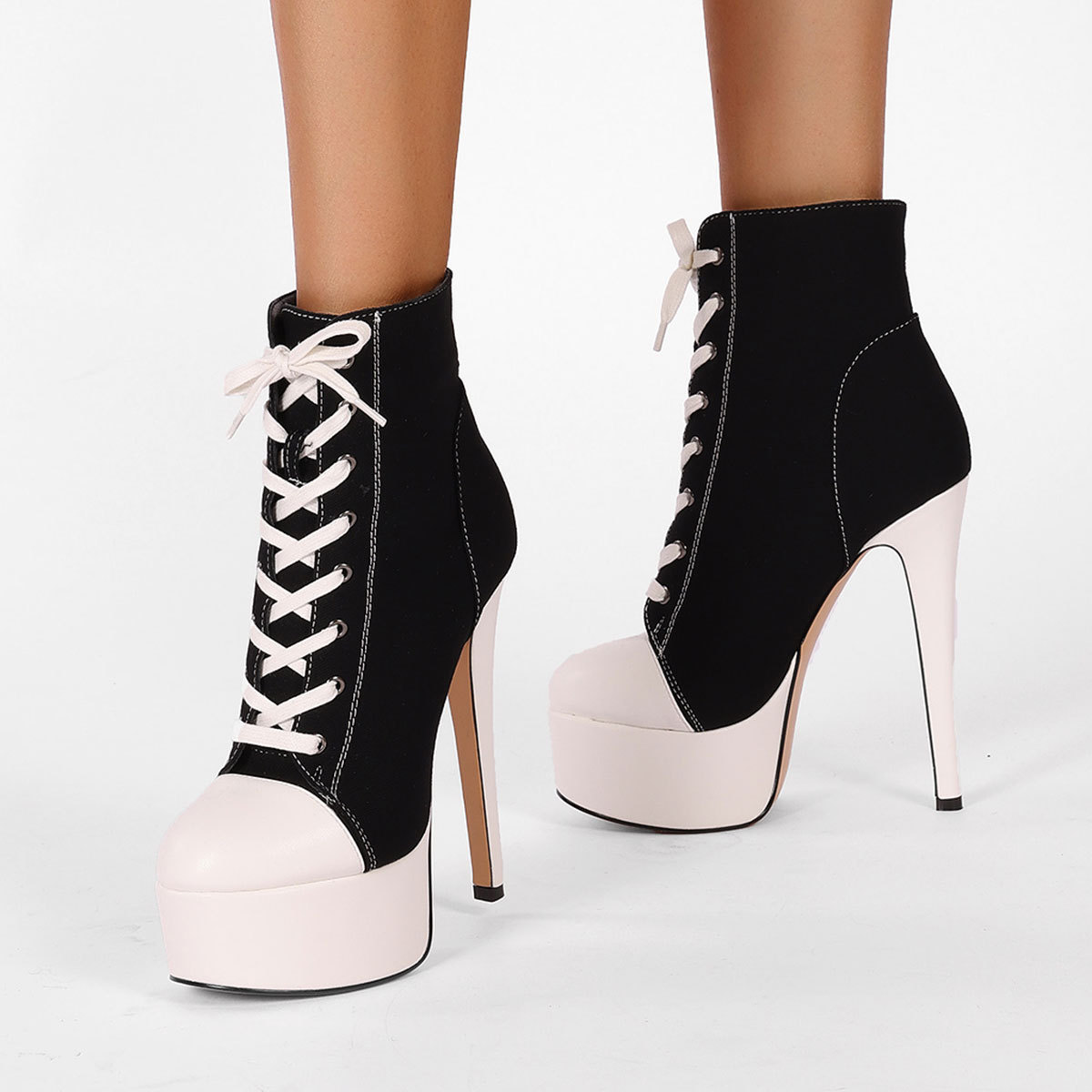 Women's Canvas Lace-Up Ankle Boots - Round Toe Platform Stiletto Heel Casual Fashion Shoes