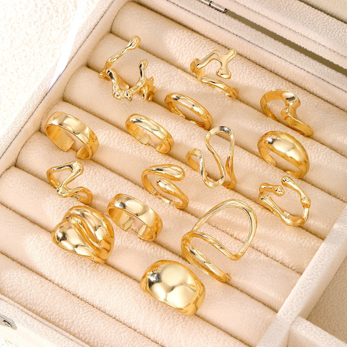 15Pcs/Set Exaggerated Metal Irregular Lines Water Droplet Smooth Rings for Women Men Punk Retro Boho Fashion Jewelry Gift 250708