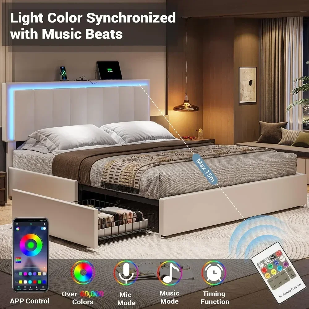 LED Queen Size Bed Frame with 4 Storage Drawers& Charging Station, Artificial Leather Upholstered Bed with Adjustable Headboard