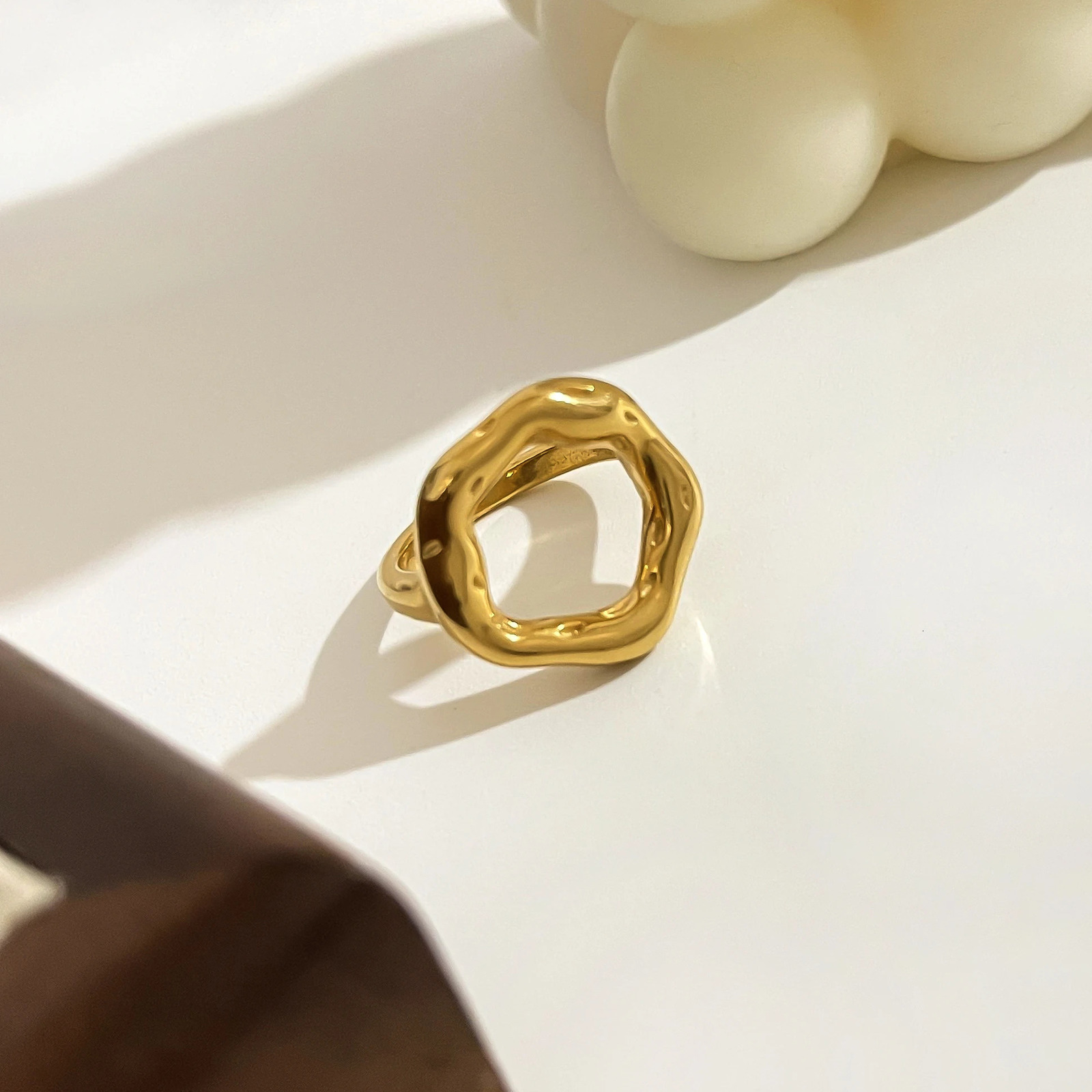 Perisbox Vintage 18K Gold Plated Irregular Circle Melted Texture Detail Rings Stainless Steel Waterproof Trendy Womens Jewelry 250708