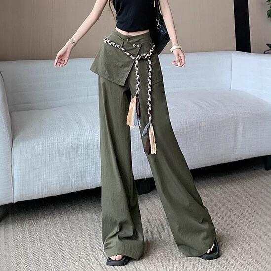 Summer new women's pants with waistband rope curtain workwear wide leg pants new spicy girl high waisted loose fit floor length pants new designe