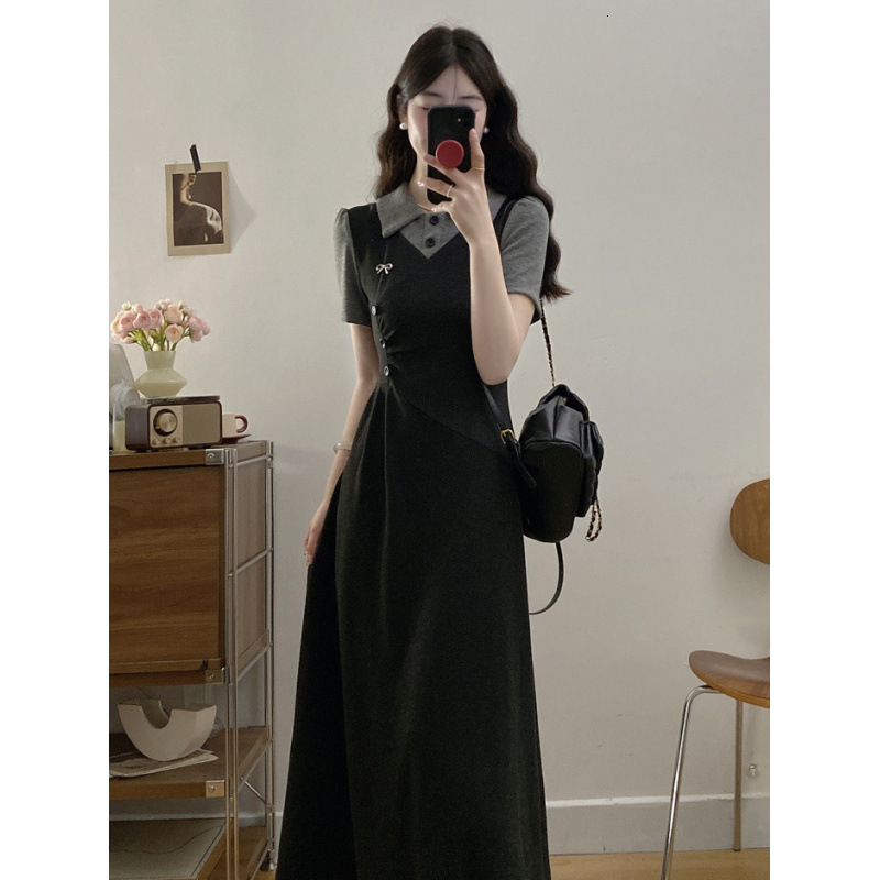 2025 Summer dress new women's dress French fake two-piece set Polo collar dress new college style slim and elegant long dress new designer luxury