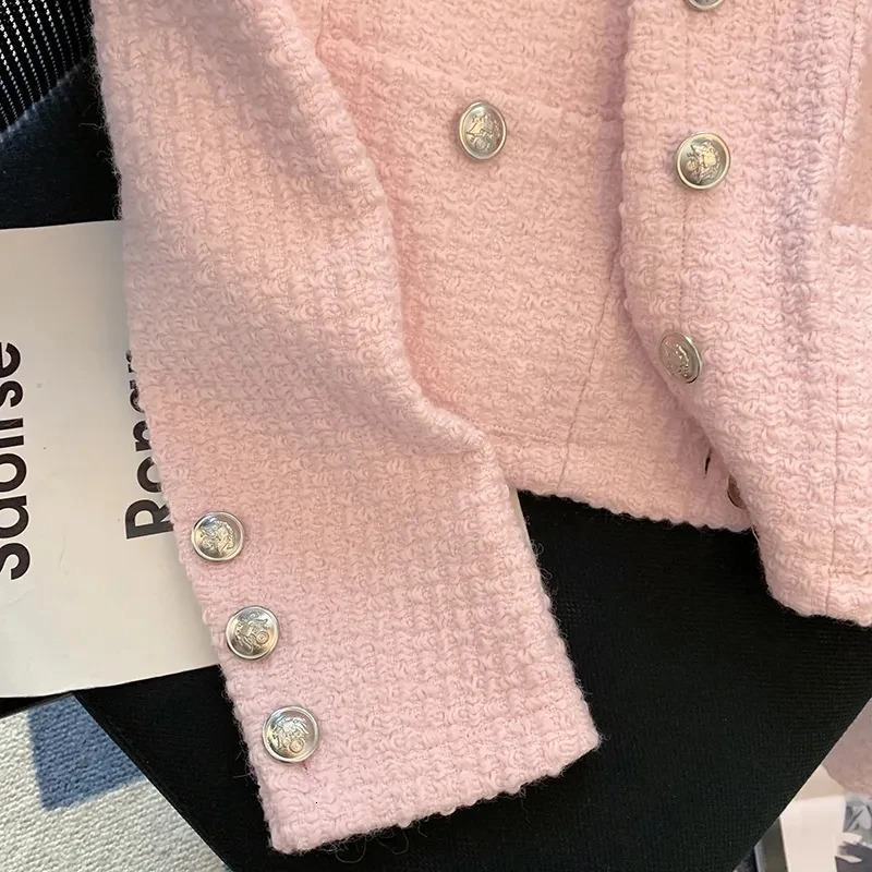Pink Korean Tweed Cropped Jackets Tops Women Sweet O-neck Long Sleeve Short Abrigos Vintage Single Breasted Coats Blusas 250709