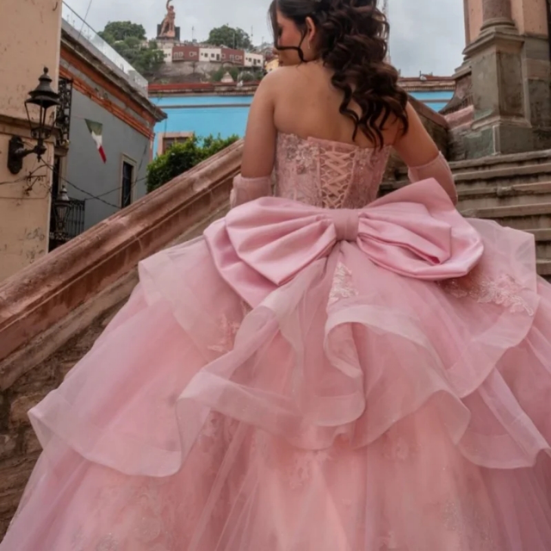 Pink Quinceanera Dresses Off the Shoulder Lace Applique Beading Layering Long tail 3D Flower Bow Vestido 15 De Anos Sweet 16 Dress
