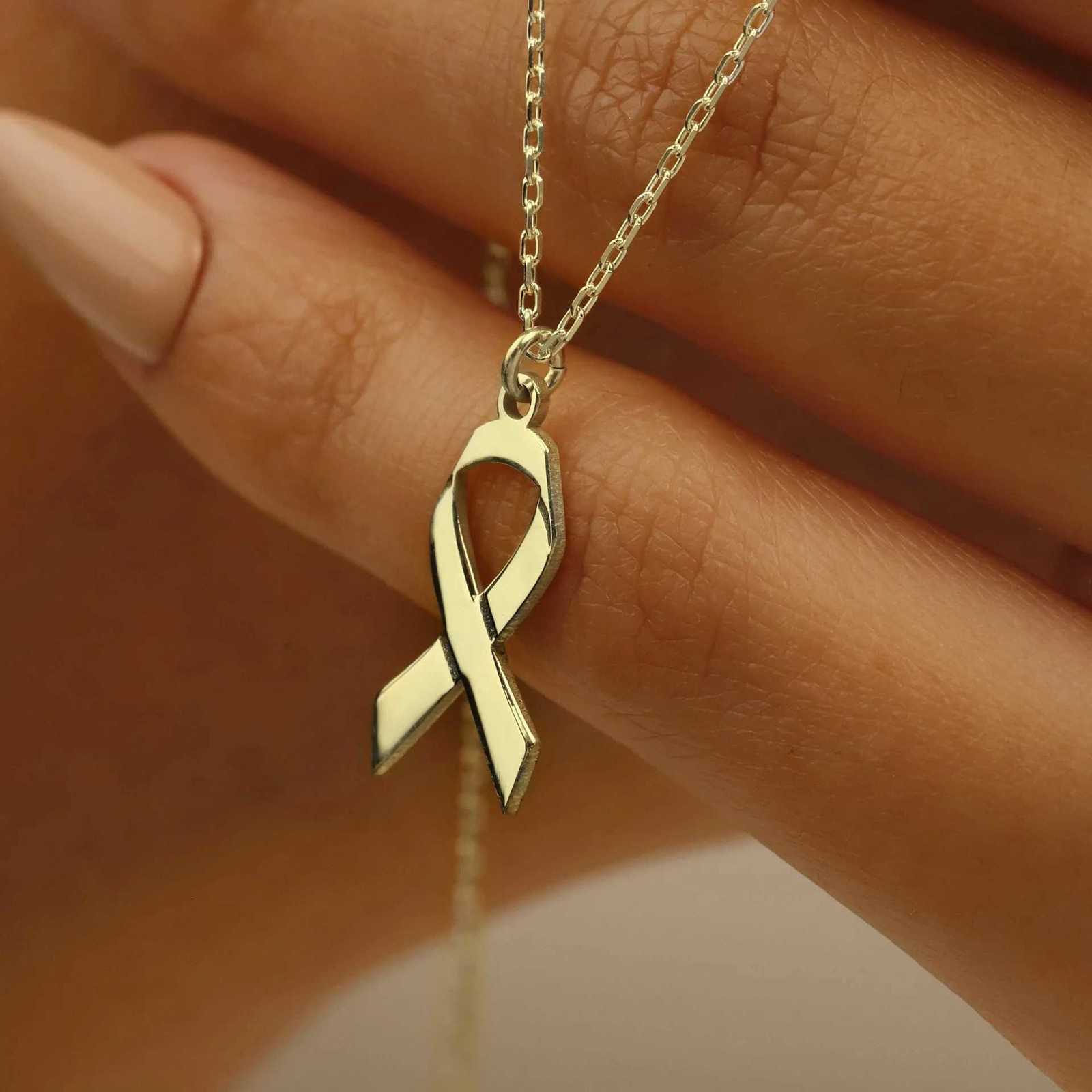 Breast Cancer Ribbon Necklace in Stainless Steel - Non-tarnish Cancer Survivor Tiny Bow Necklace W250712