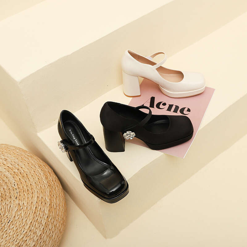 3359-15 French Style One-Strap Flower Buckle High Mary Jane for Women New Waterproof Platform Square Toe Chunky Heel Women's Shoes