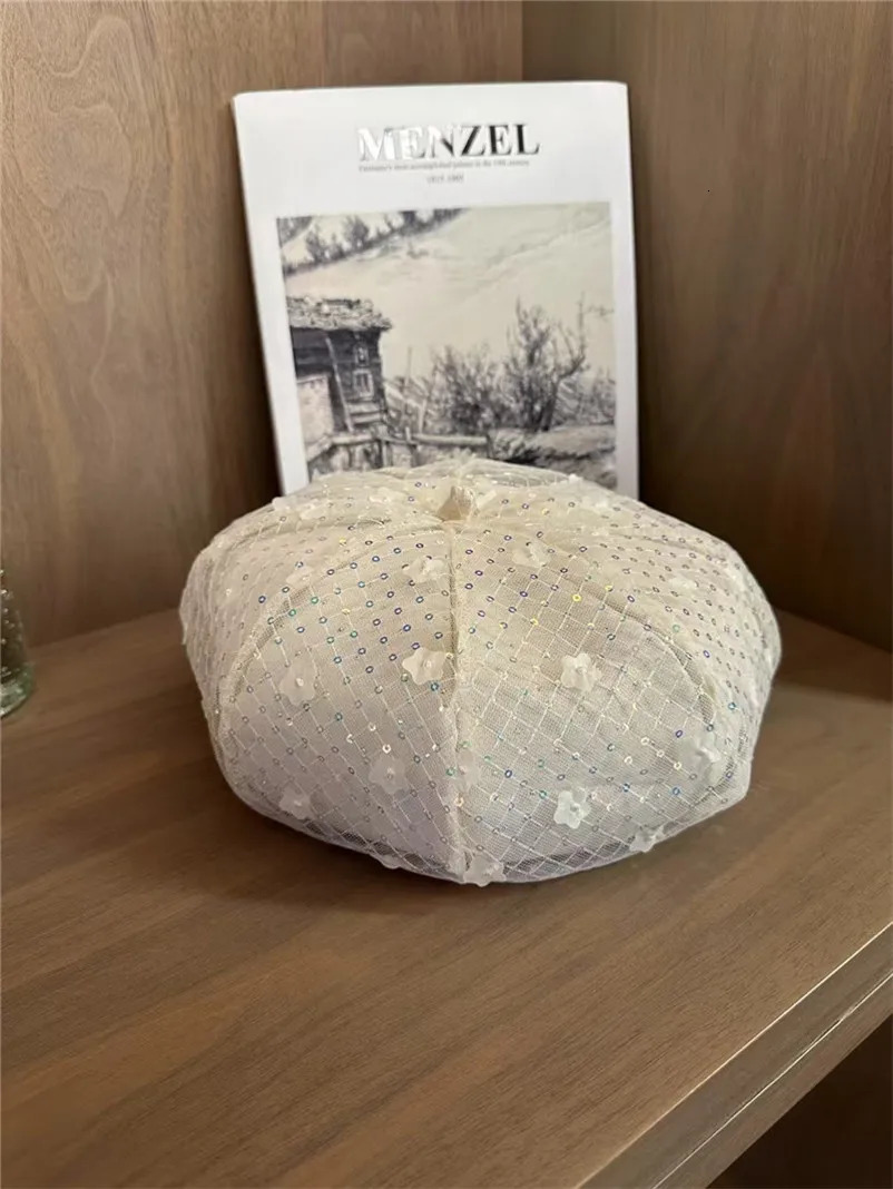 03-2508325 ins chic sequin mesh lace flower fashion sweet lady beret hat women Leisure painter cap 250712