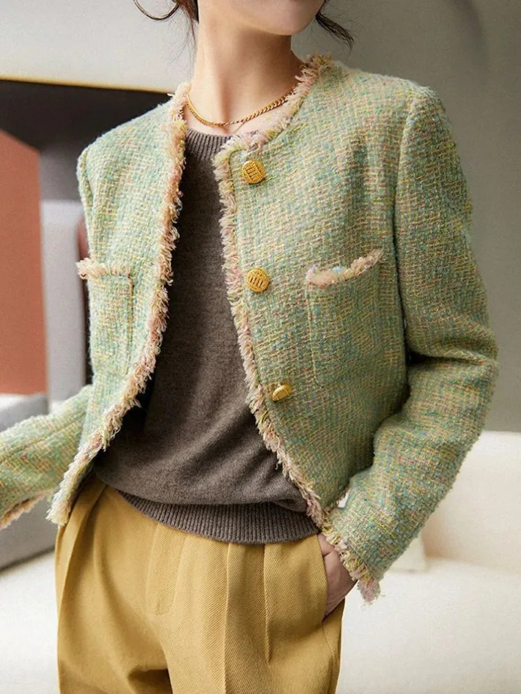 Chic Tassel Green Tweed Jackets Women Elegant Long Sleeve Korean Casual Short Coat High Quality Sweet Outwear Tops 250709