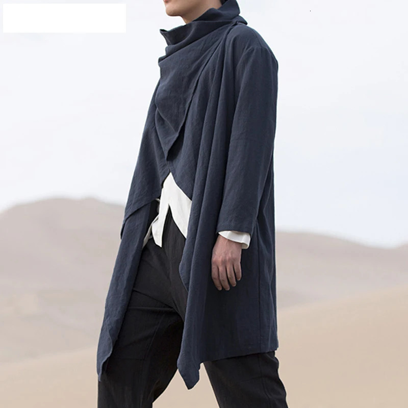 Mens Retro Jackets Trench Windbreaker Casual Cotton Solid Color Scarf Collar Irregular Long Sleeve Cloak Loose Stylish 250708