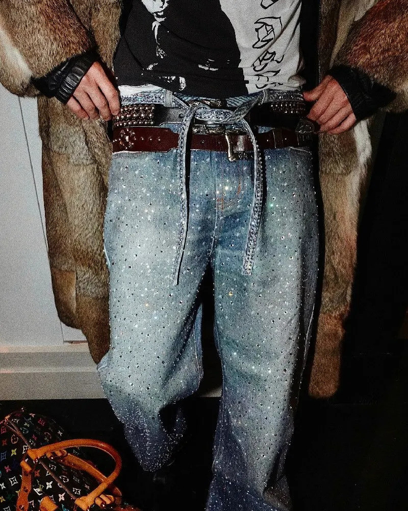 Streetwear Vintage Glitter Jeans Y2K Mens Womens Hip Hop Rhinestone Sequins Retro Blue Baggy Jeans High Waist Wide Leg Trousers 250712