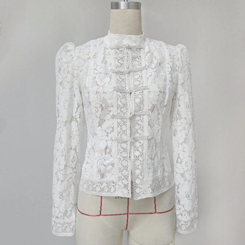 Tornova Lace Hook Flower Womens Shirt Fashion Commuting Long Sleeve Cardigan Top Retro Slim Stand Collar Lady Blouses 250712 - view 6