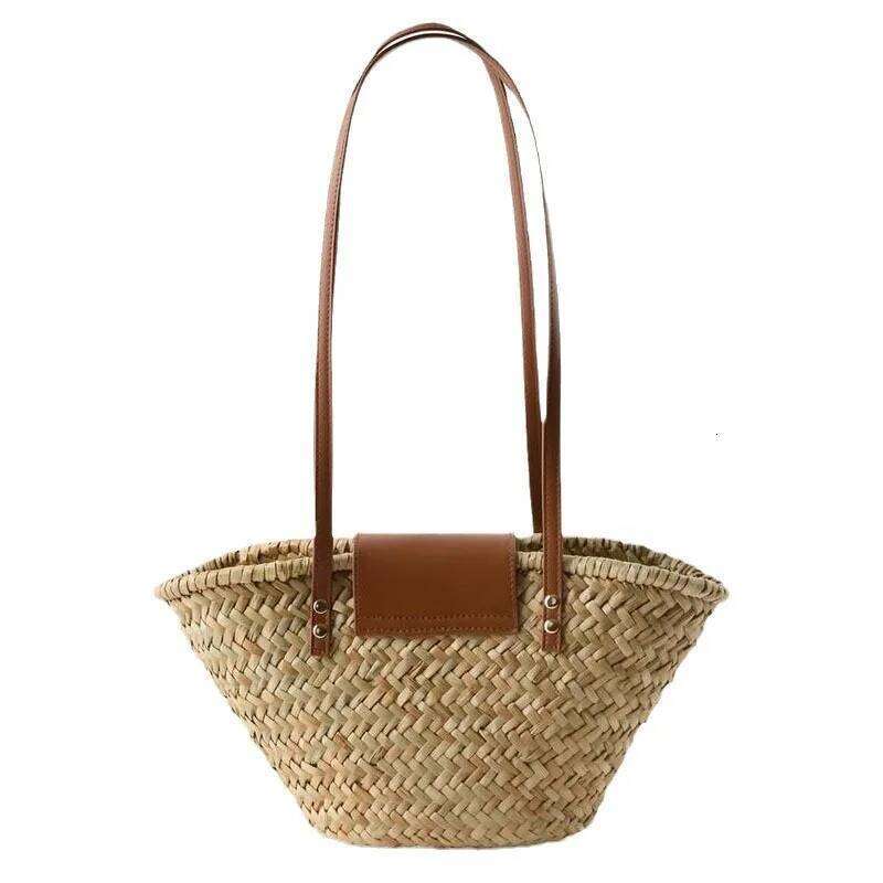 Natural Shoulder Grass Woven New PU Splicing Vacation Beach Versatile Rattan Bag