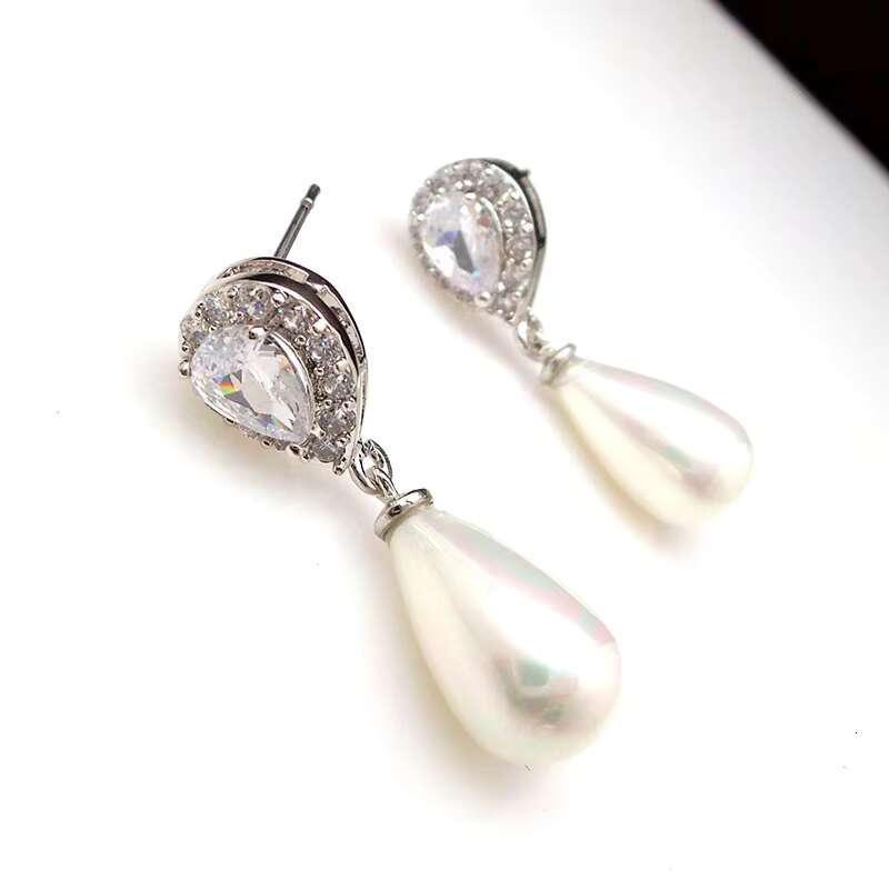 Elegant Wedding Bridal Jewelry Teardrop Imitation Pearl Drop Earrings 925 Silver Plated Cubic Zirconia Stud Earrings