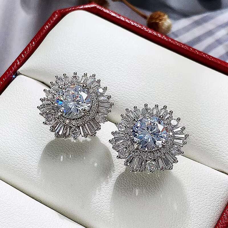 Hot Selling Luxury Big Zirconia Diamond Flower Earrings Bride Women Wedding Female Silver Plated CZ Stud Earring