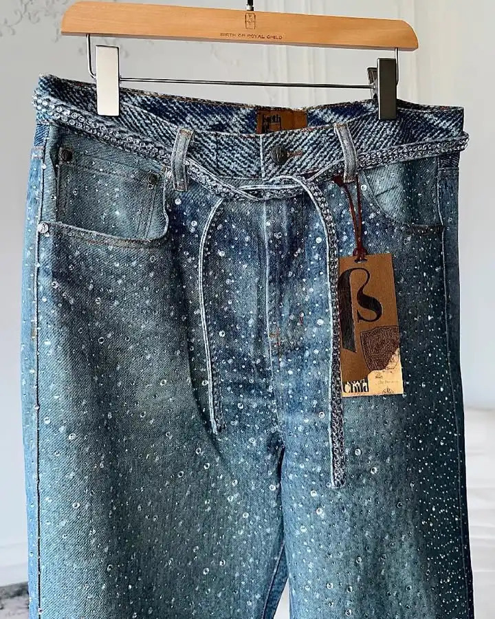 Streetwear Vintage Glitter Jeans Y2K Mens Womens Hip Hop Rhinestone Sequins Retro Blue Baggy Jeans High Waist Wide Leg Trousers 250712