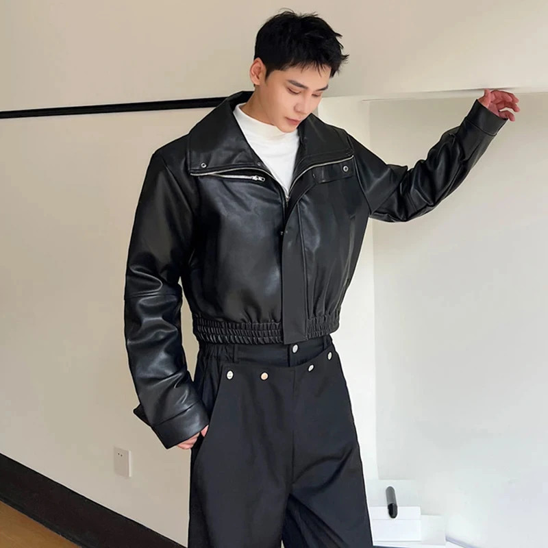 LUZHEN Trendy Personality Stand Collar Faux Leather Jacket Mens Street Outerwear Short Casual Clothes Versatile Handsome LZ7830 250708