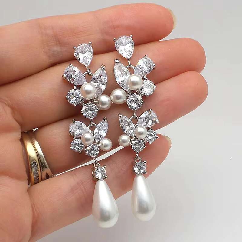 New Trendy Simulated Pearl Zircon Earrings for Women Elegant Engagement Wedding Bridal Earring 925 Silver Plating