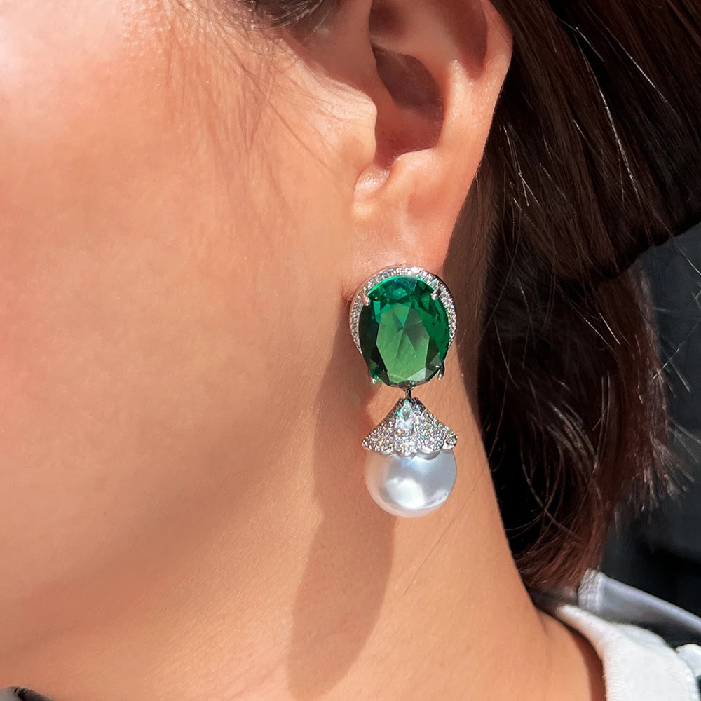 ThreeGraces Elegant Green Cubic Zirconia Big Simulated Pearl Drop Earrings for Women Bridal Wedding Party Jewelry E1933 250711