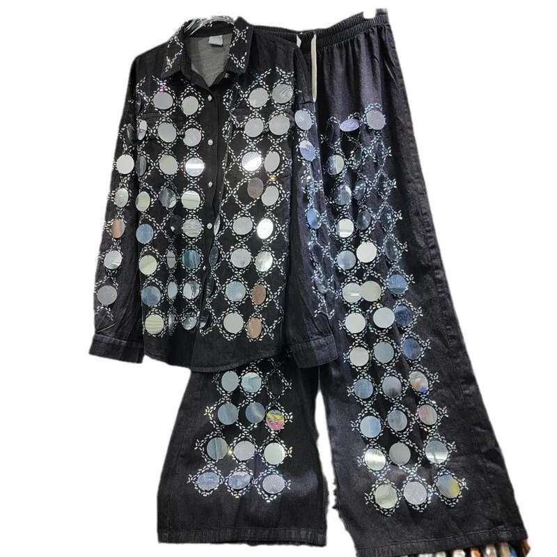 Hot Drilling Plaids Dias Beaded Shirt Coat Big Sequined Jacket Tops+High Waist Straight Wide Legs Denim Pants 2Pcs Set