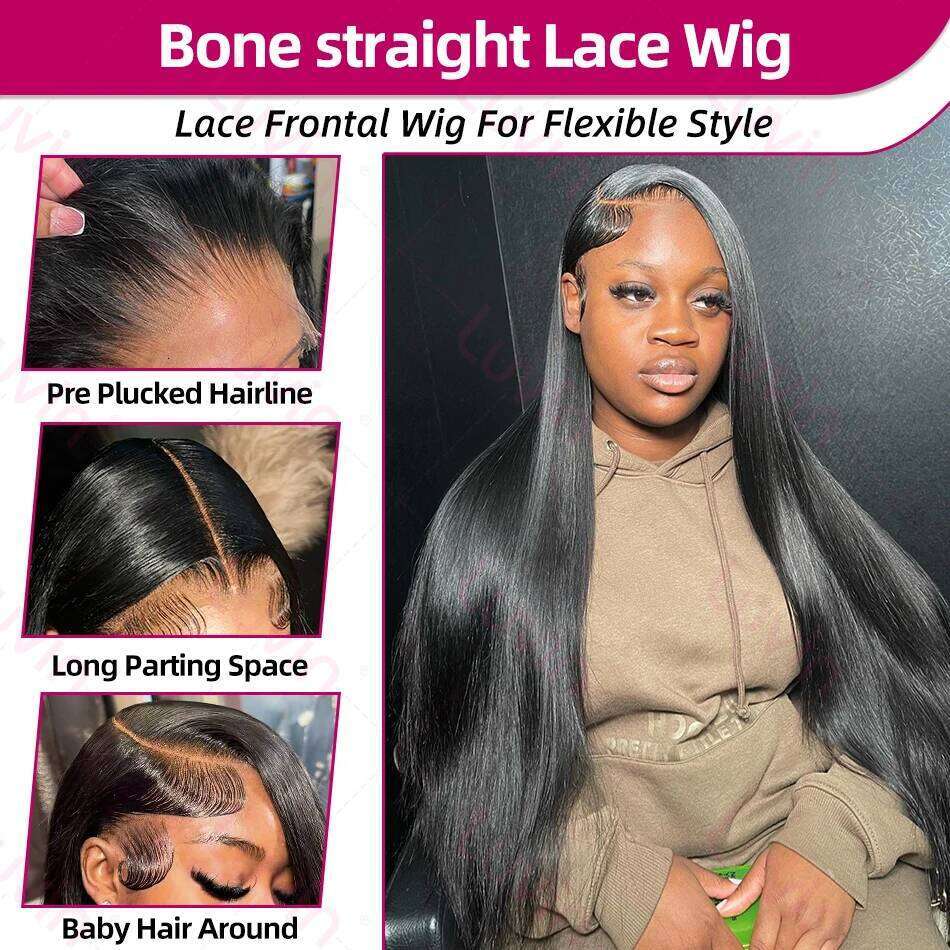 200Density Front 5x5 Glueless Wigs Human Hair Brazilian Bone Straight 13x4 13x6 HD Lace Frontal Wig For Women