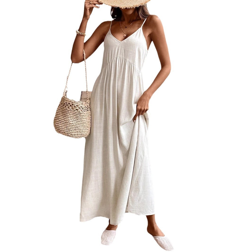 2025 Summer New Women's Fashion Skirt Solid Color Cotton and Hemp Dress Loose Strap Casual A-line Long Skirt New Luxury Designer Women's Ski