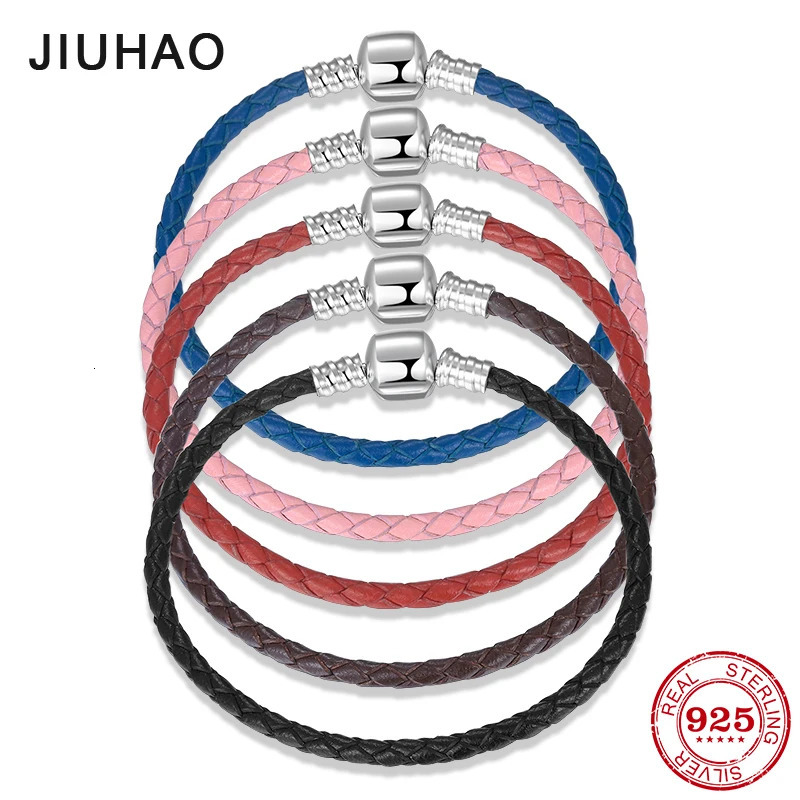 100% Genuine Blue Black Brown Leather Bracelets 925 Sterling Silver Women Weave Snake Charms Chain Jewelry Rope Bracelets Diy 250712