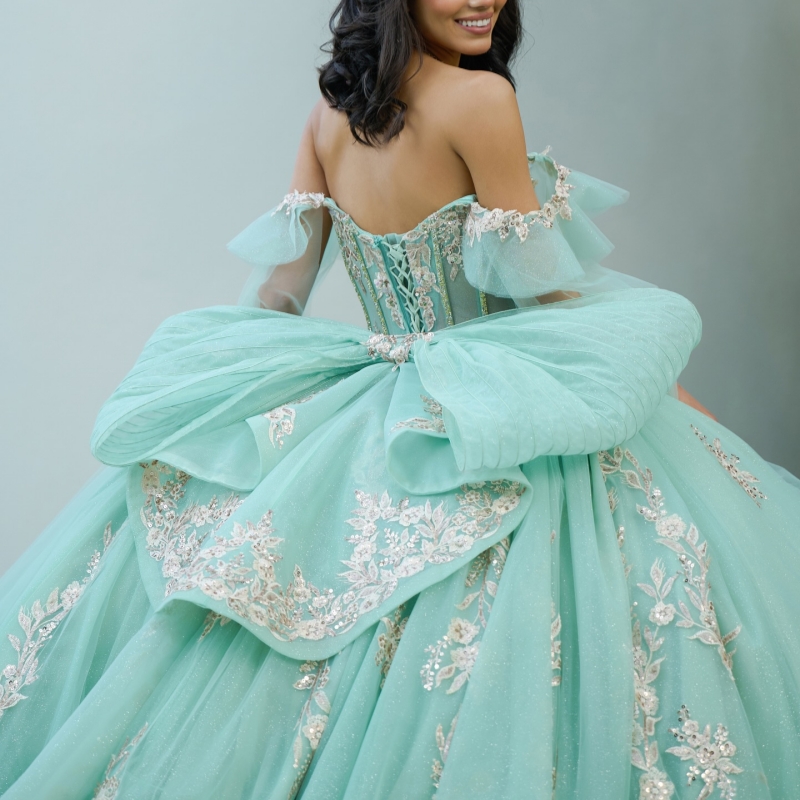 Green Shiny Quinceanera Dresses Ball Gown Off The Shoulder Applique Lace Bow Beads Tull Corset Party Birthday Sweet 16 Dress Vestidos 15 Anos