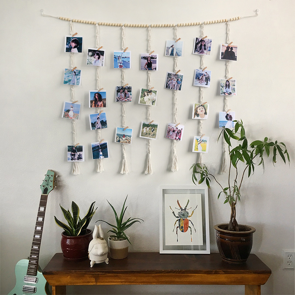 Macrame Hanging Photo Display Wall Decor Boho Wooden Beads Garland Picture Frame Holder with 30 Clips Bedroom Living Room Gifts H260306