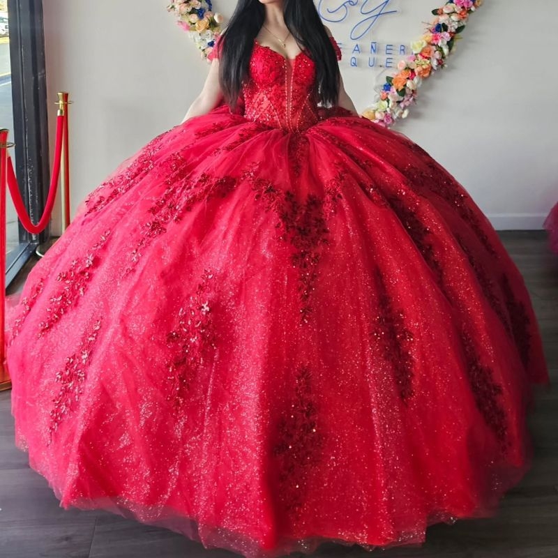 Red Shiny Quinceanera Dresses Ball Gown Off The Shoulder Appliques Lace Bow Beads Tull Sweet 16 Dress Vestidos 15 De Anos