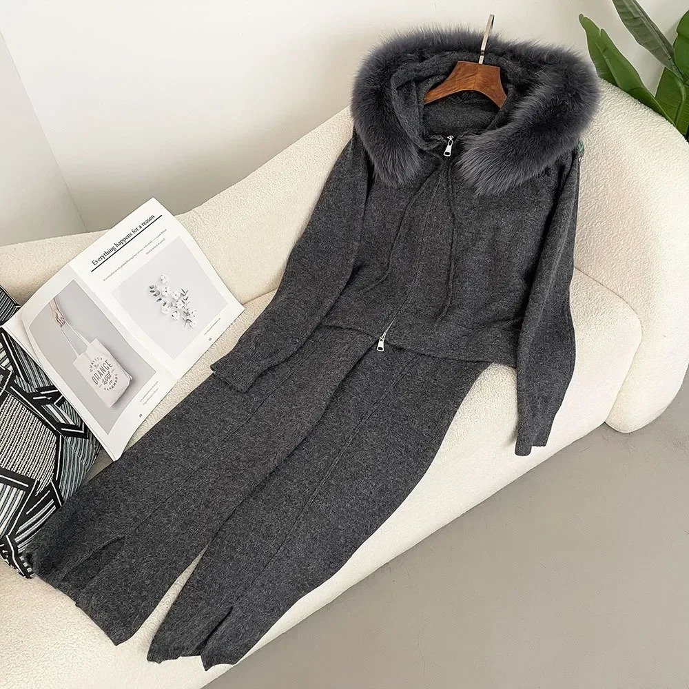 Knitwear Autumn and Winter Fashionable Sweater Suit Women Trousers Hooded Jacket with Detachable Fox Fur Collar Fur Coat 250708