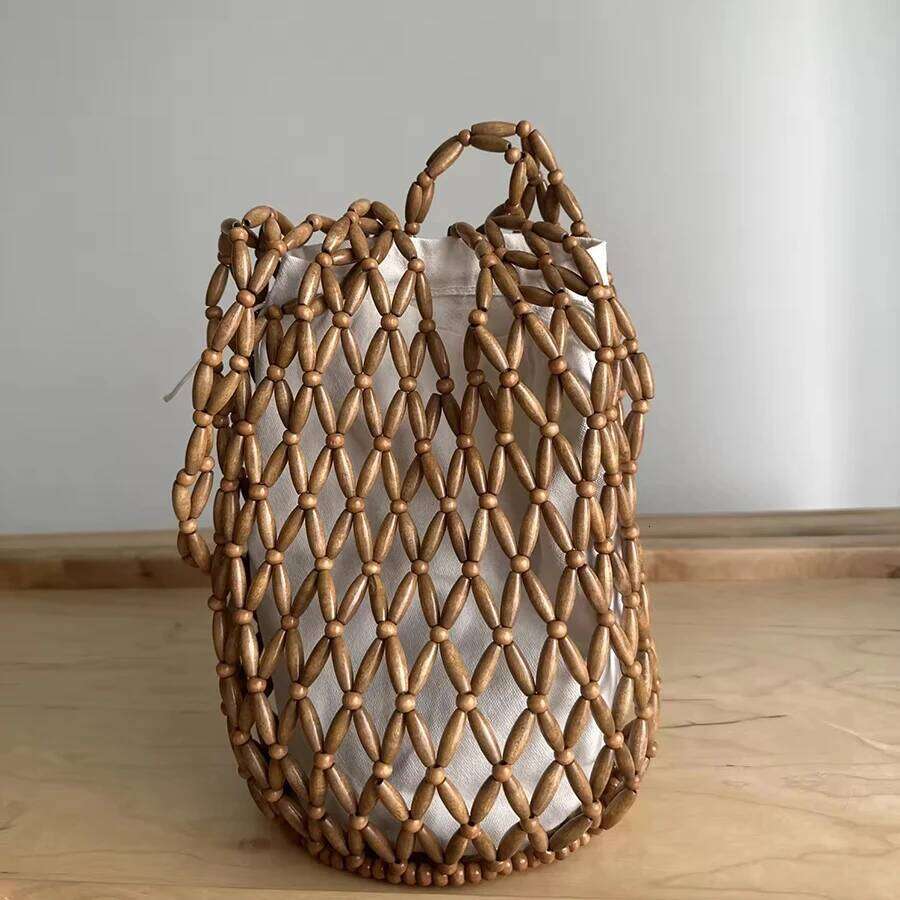Summer Wooden Bead Hollowed-Out Single-Shoulder Bag Women Patchwork Bucket Bags With Canvas Inner Pocket Woven Beach Handbag Sac