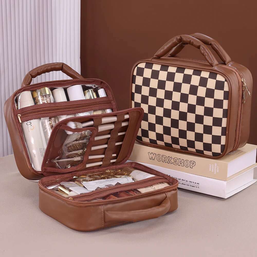 Large Capacity PU Grid Melody Women's Cosmetic Storage Box Portable Travel Makeup High-End Feel Multi-Compartment Wash Bag