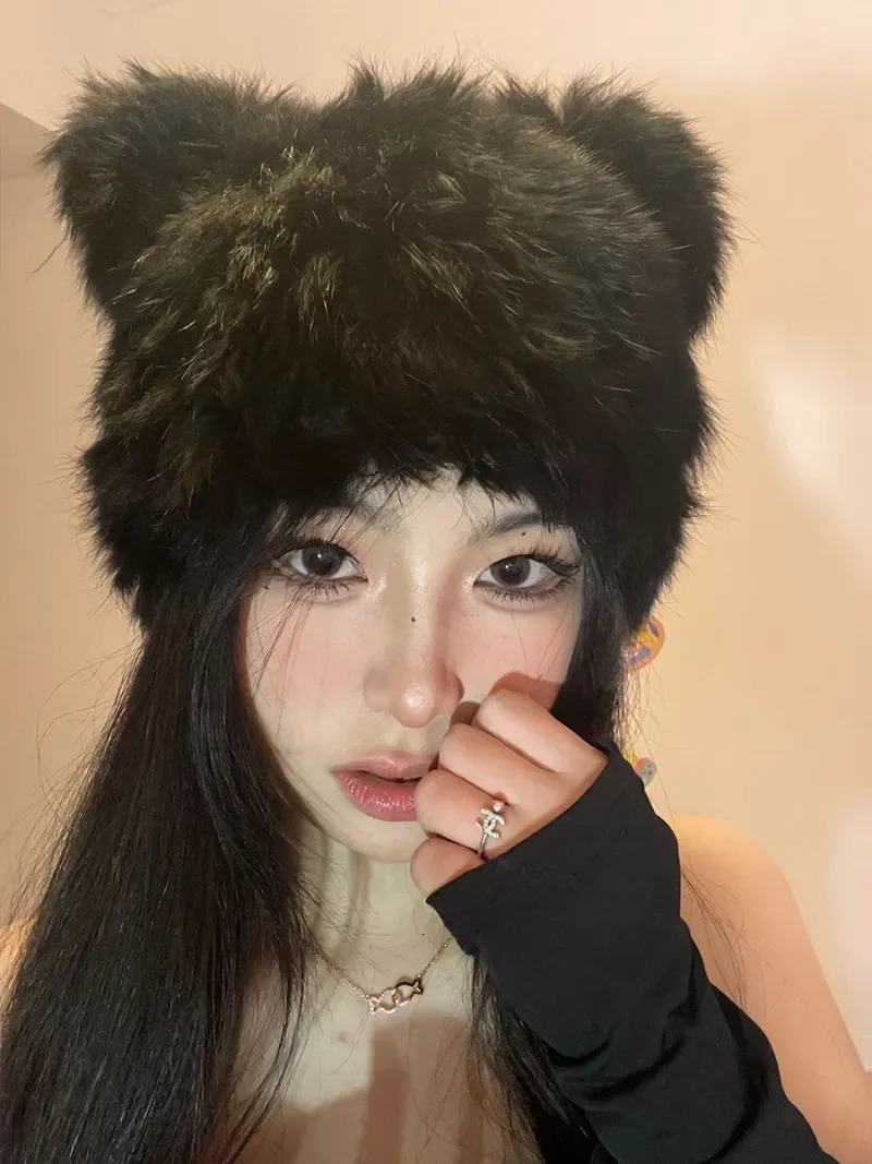 Black bear ears rabbit fur hat cute plush wrap head cap cold warm fur cap Y2k Girls Korean Hats Knitted Hat 250712