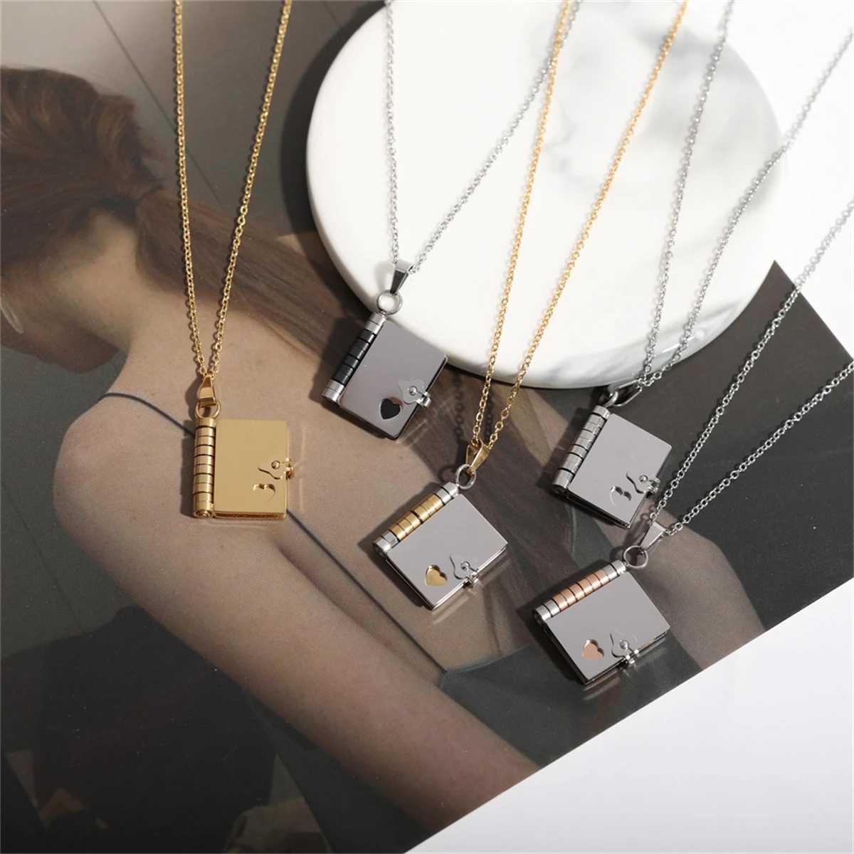 Stainss steel coup book pendant necklace with personali ins titanium steel opening and closing book sweater chain W250712