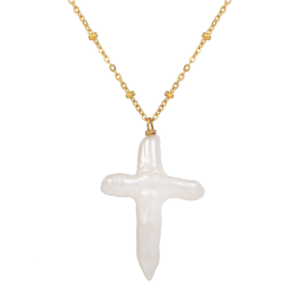 Luxury Jewelry Designer Jewelry Baroque Cross Pearl Pendant Titanium Steel Non-fading Collarbone Chain Layered Necklace Ins Hot Item Cross-border Supp