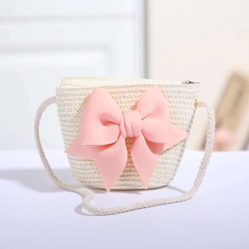 New Pink Bow Girl Zipper Woven Straw Kids Princess Messenger Outdoor Travel Keys Candy Crossbody Bags