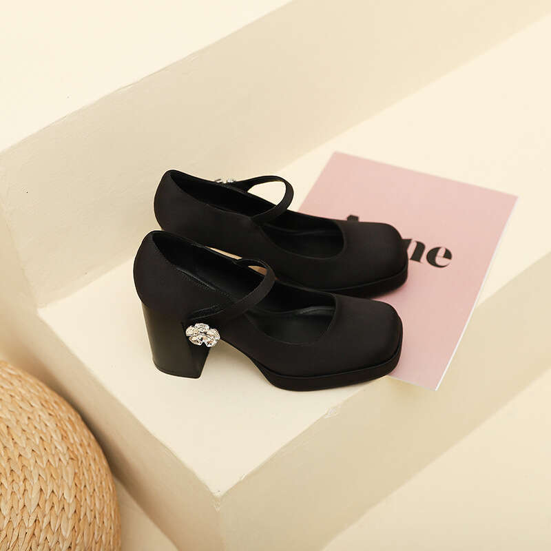 3359-15 French Style One-Strap Flower Buckle High Mary Jane for Women New Waterproof Platform Square Toe Chunky Heel Women's Shoes