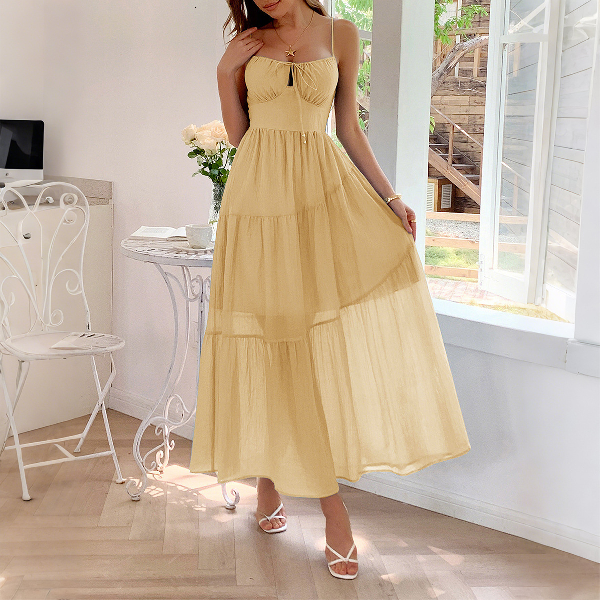 Summer new women's dress, casual vacation with waist, fashionable lace up long dress, summer new luxury designer women's dress, new niche de