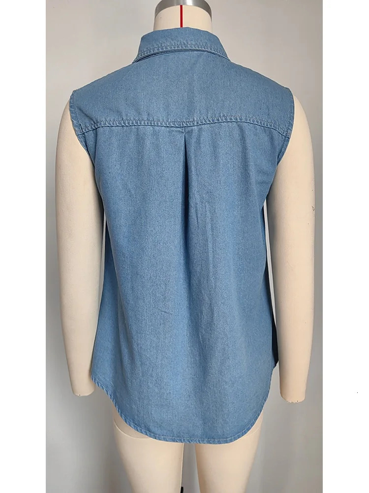 Benuynffy Turndown Collar Sleeveless Denim Shirt Women 2024 Summer Fashion Washed Pockets Casual Button Up Shirts Female 250704