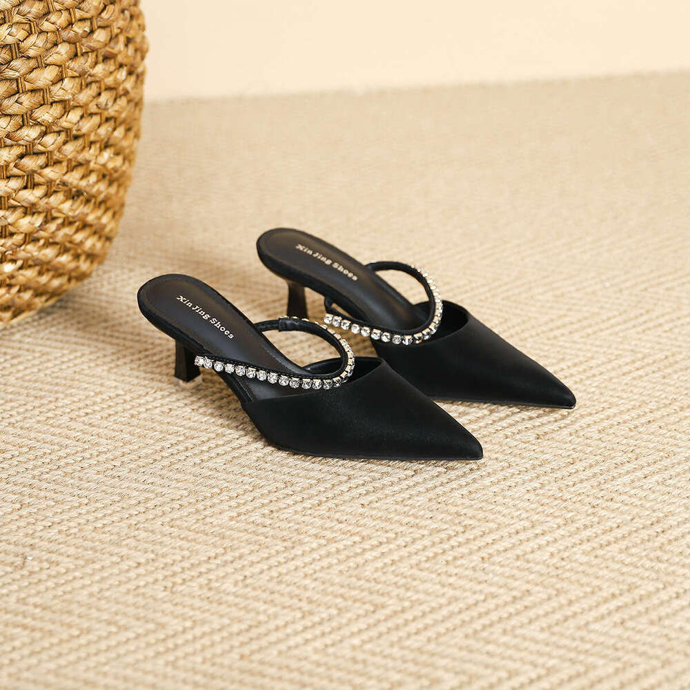 699-102 One-Strap Rhinestone Shallow Pointed High Heel Pumps Black Sexy Closed-Toe Backless Half-Slip Women's Shoes