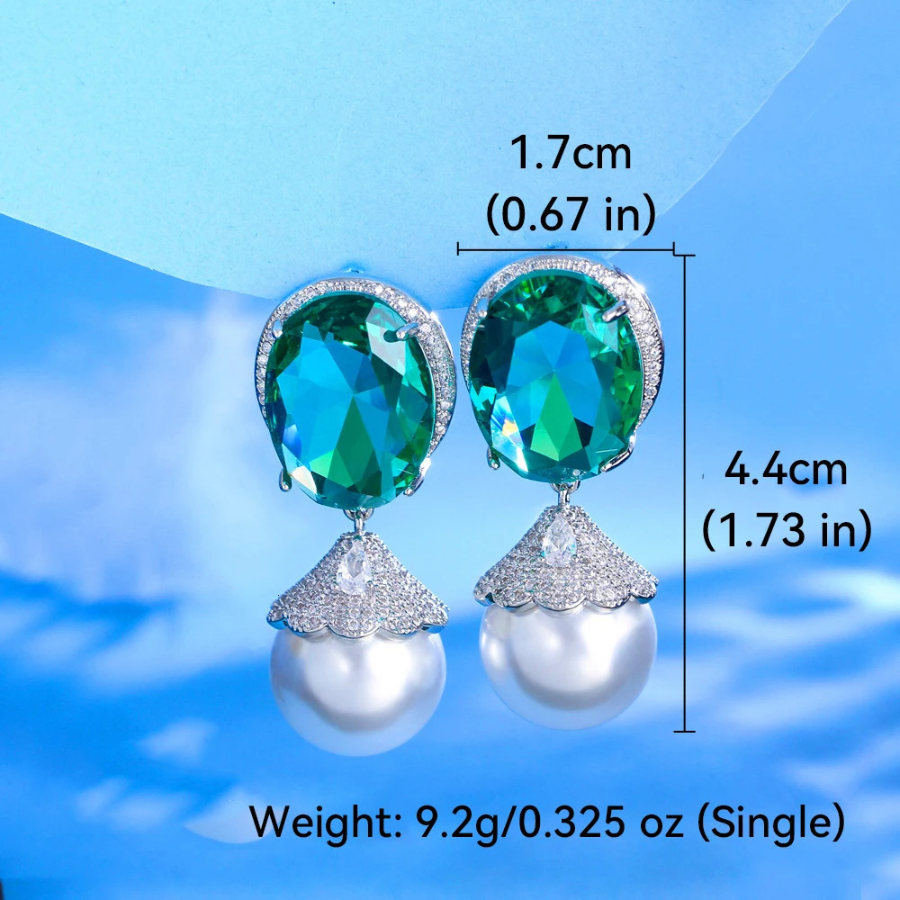 ThreeGraces Elegant Green Cubic Zirconia Big Simulated Pearl Drop Earrings for Women Bridal Wedding Party Jewelry E1933 250711