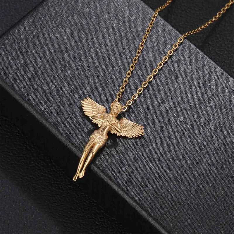 18K Gold Plated Angel Wing Signet 3D Pendant Necklace Hiphops Stainless Steel Cupids Angel Pendant Men Jewelry W250712