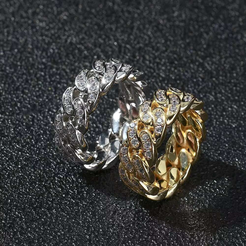 NUOYA Mens White Gold Plated 925 Sterling Silver Hip Hop Iced Out Moissanite Cuban Link Ring for Wedding and Party Fine Jewelry