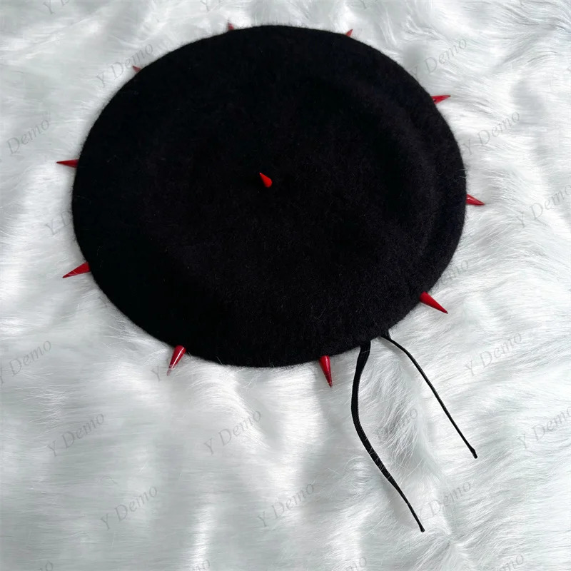 Y Demo Punk Rock Rivets Pu Splicing Womens Beret Hat Streetwear Woolen Sparks Adjustable Black Hats 250712