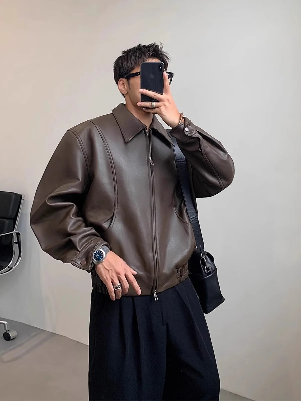 Mauroicardi Spring Autumn Cool Short Soft Pu Leather Jacket Men with Turn-down Collar Zipper er Korean Clothes 250708