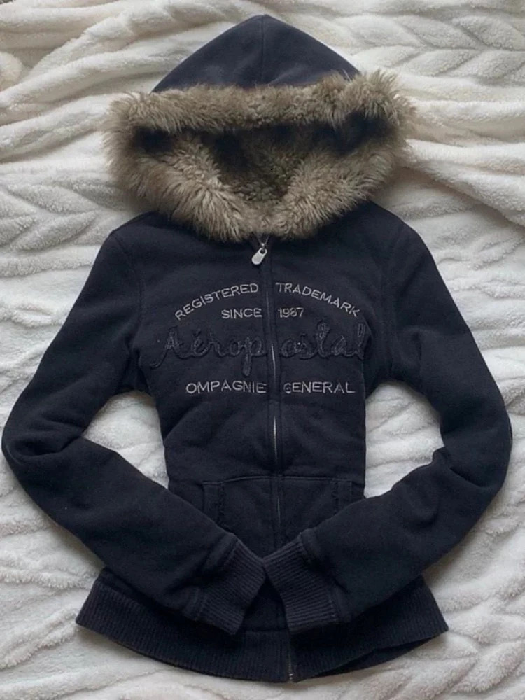 Vintage Letter Fur Collar Hooded Sweatshirt Autumn Winter Zipper Y2K Retro Fleece Jacket Harajuku Embroidery Plush Dark Fashion 250712
