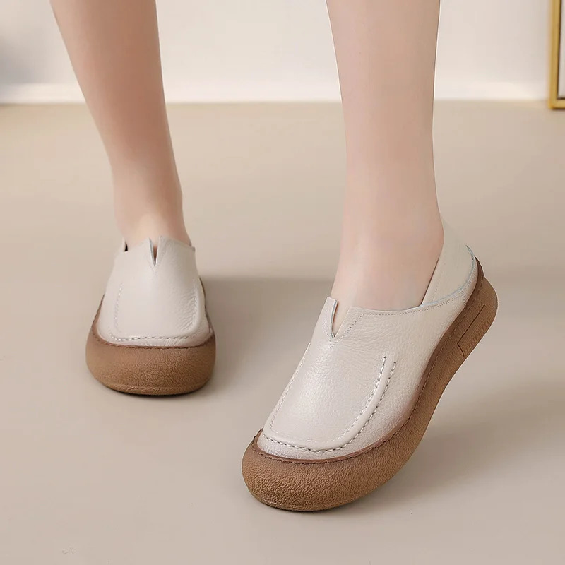 V cut cowhide leather flats ladies concise slip on shoes womens orthopedic loafers mother soft driving moccasin woman flats 250707